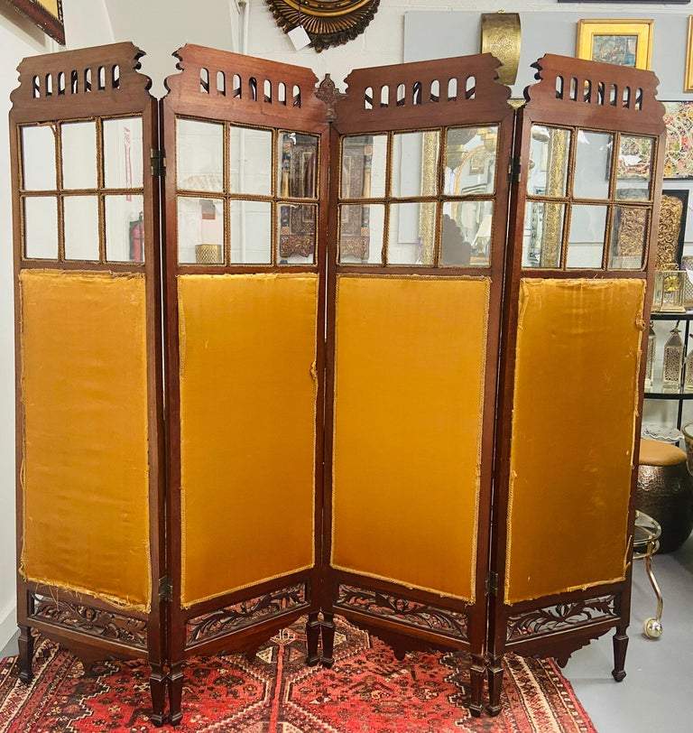 19th century English carved mahogany and glass four-panel room divider or scree