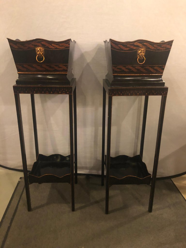 Pair of Georgian Style Tole Jardinières or Planters on Shelved Pedestals