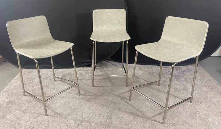 Modern Grey Leather Bar or Kitchen Stool over Stainless Steel Frame, a Set of 3
