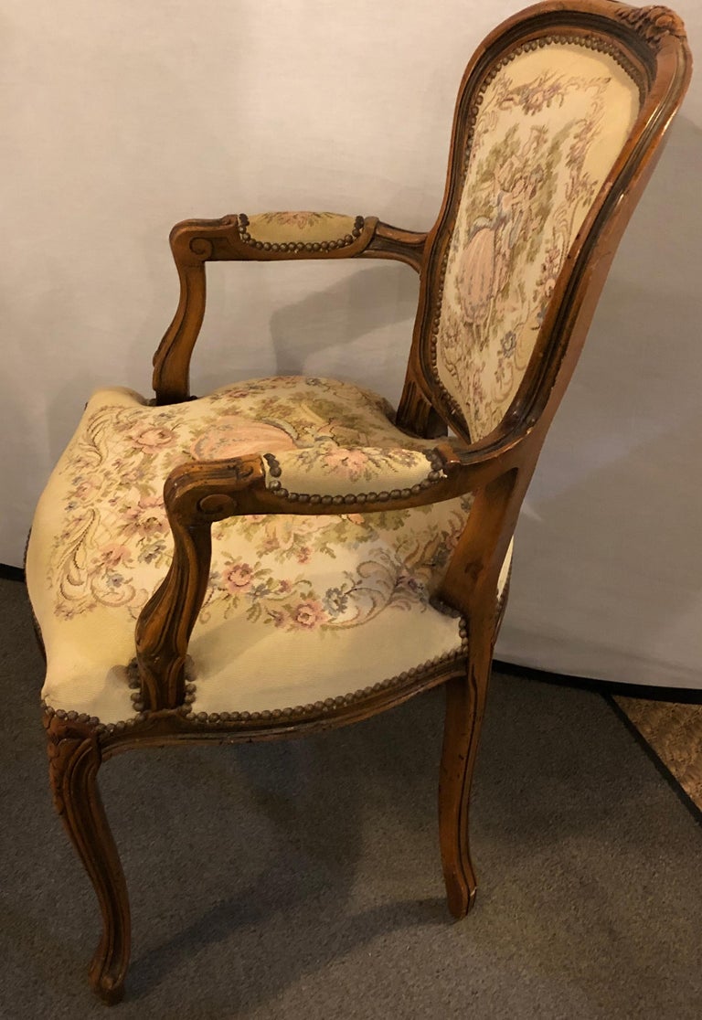 Pair of Louis XV Style Needlepoint Feuteuils or Arm Chairs
