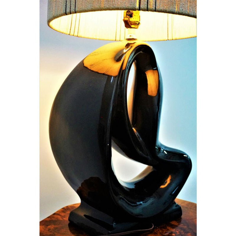 Art Deco Black Open Base Table Lamp & Off-White Lampshade