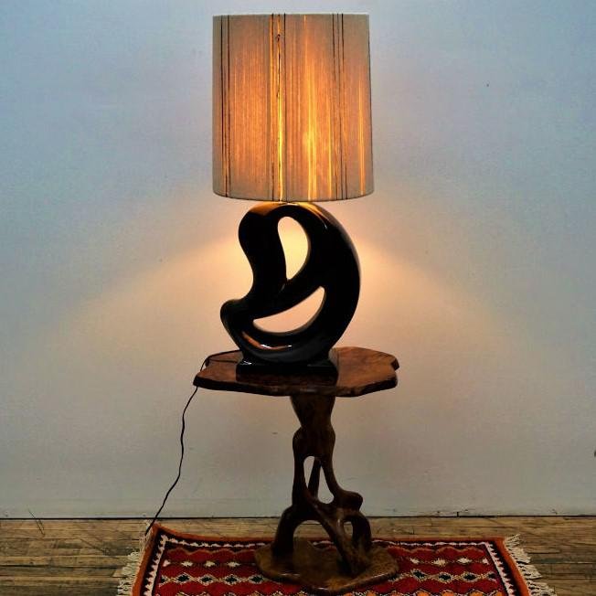 Art Deco Black Open Base Table Lamp & Off-White Lampshade