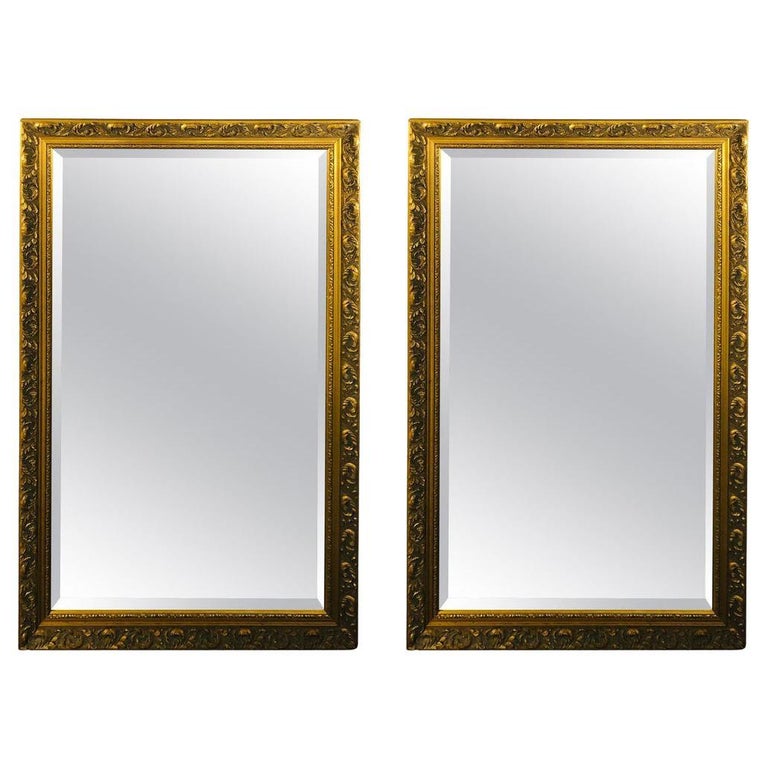Vintage Neoclassical French Style Gilt Wood and Beveled Glass Mirror, a  Pair
