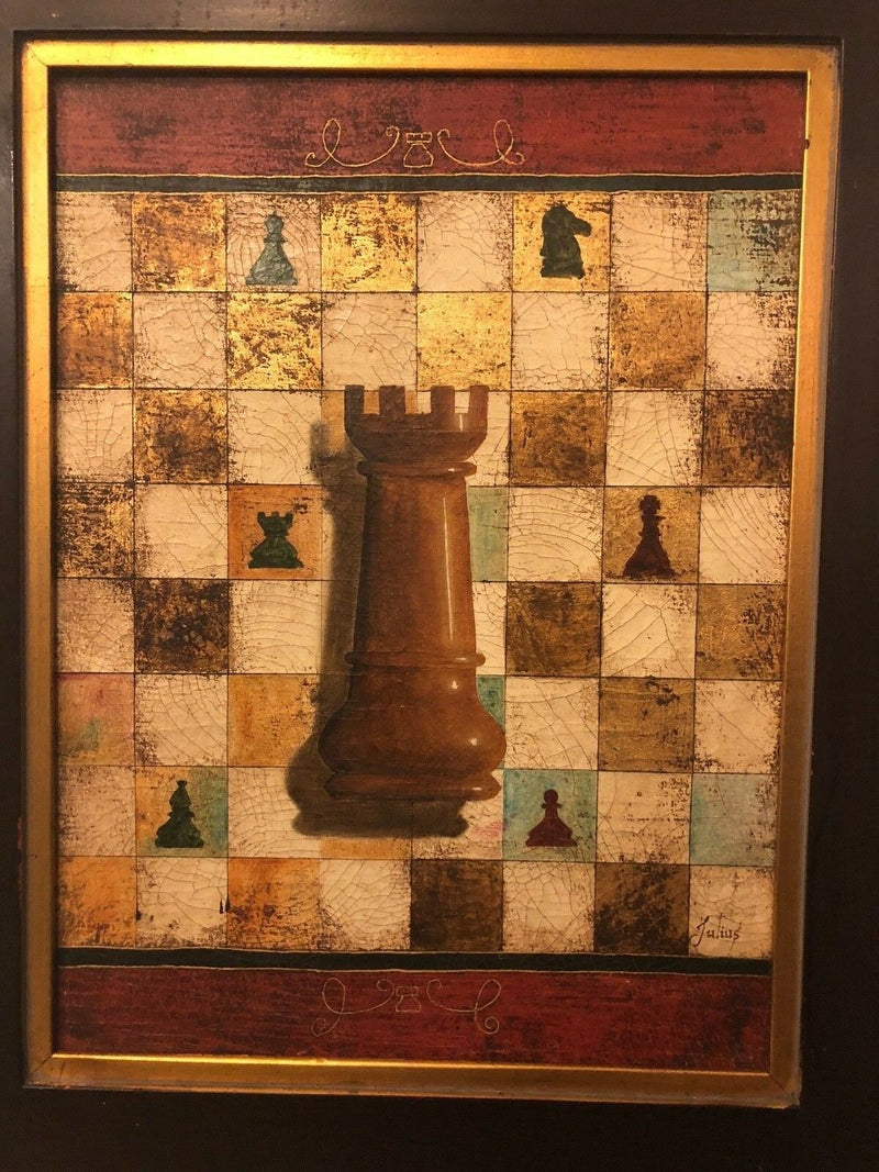 Oil on Canvas Rook/Chess Board Painting - Framed