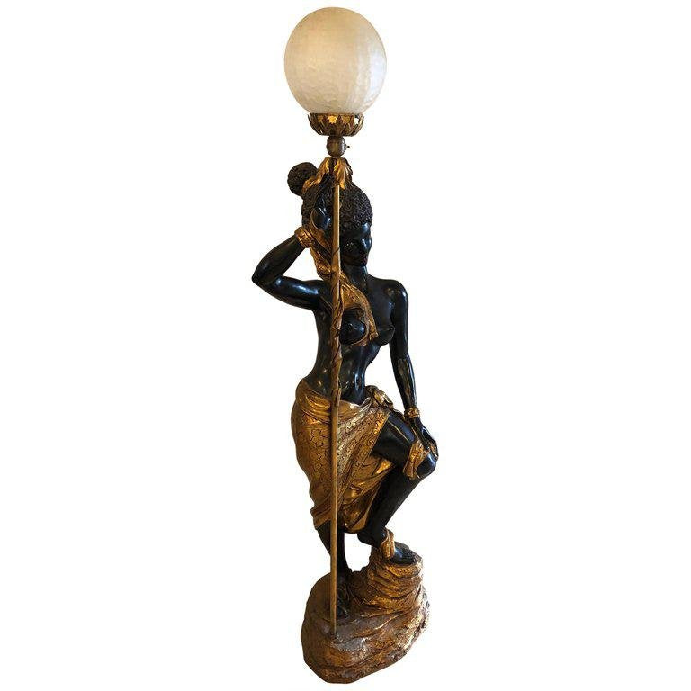 Tall Life Size Nude Nubian Blackamoor Figure Mounted Floor Lamp
