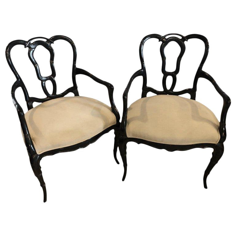 Vintage Mid Century Hollywood Regency Style Lacquer Bamboo Form Armchairs- A Pair