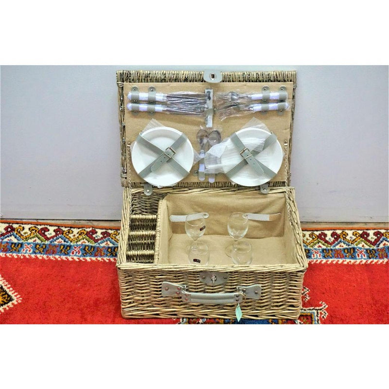 Wicker Picnic Basket With Flatware, Plates & Wine Glasses - Set of 21