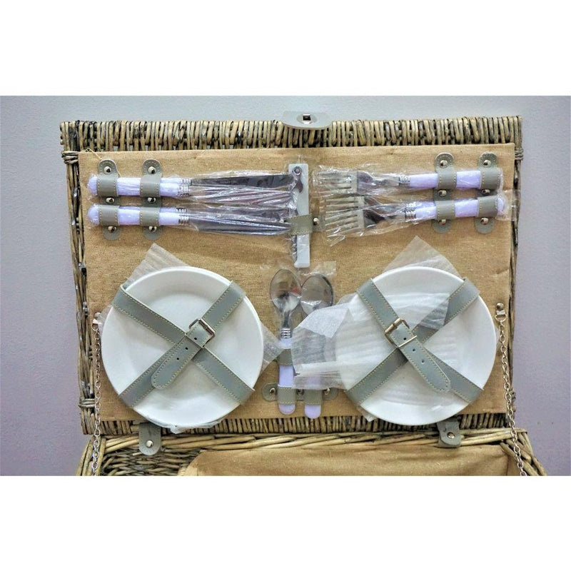 Wicker Picnic Basket With Flatware, Plates & Wine Glasses - Set of 21